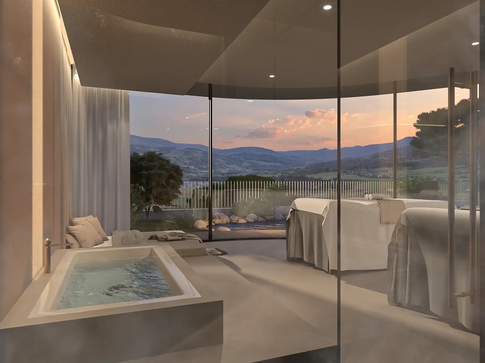 Wellness-Architektur von Matthias Knab: Gestaltung von Behandlungsräumen im Hotel Spa in Tirol mit Fokus auf die Raumtiefe und den fließenden Übergang zum Außenbereich; haptische Ruhe durch fugenlose Oberflächen.