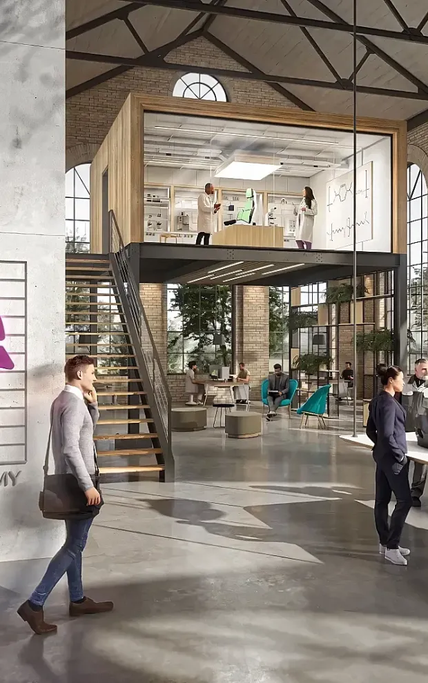 Visualisierung von Matthias Knab für Agentur Endegut (Endkunde Evonik): Architektur-Konzept zur Circular Economy in einer sanierten Industriehalle; haptischer Kontrast zwischen roher Sichtbeton-Wand mit Infografik und warmem Holzeinbau auf der Stahlkonstruktion Zwischenebene; Fokus auf zonierte Walkways und architektonische Konsistenz im modernen Office-Design.