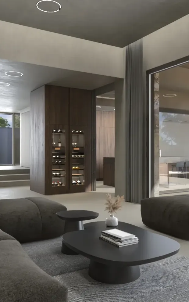 Wohnraum-Visualisierung von Matthias Knab für Architektur Anbau: Großzügige Lounge-Gestaltung mit Fokus auf die Ergonomie der Walkways und die visuelle Verbindung zur geschützten Terrasse und der Luxus Küche.