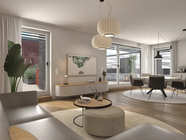 Lichtdesign und Materialität von Matthias Knab: Wohnzimmer-Visualisierung in Heidelberg; Fokus auf die Textur der Polstermöbel und die Zonierung des Raums durch Möblierung.