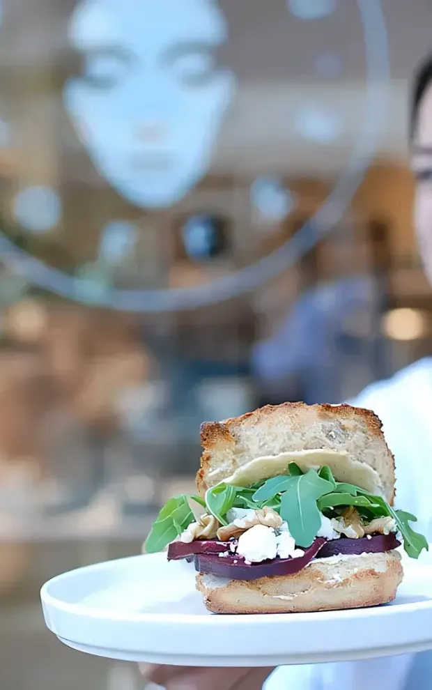 Detailansicht Gastronomie-Konzept: Fokus auf Materialhaptik und Produktinszenierung von Matthias Knab für Café in Hannover; Hochwertige Darstellung von Brötchen mit Rucola und Roter Beete mit Walnusskernen und Feta.