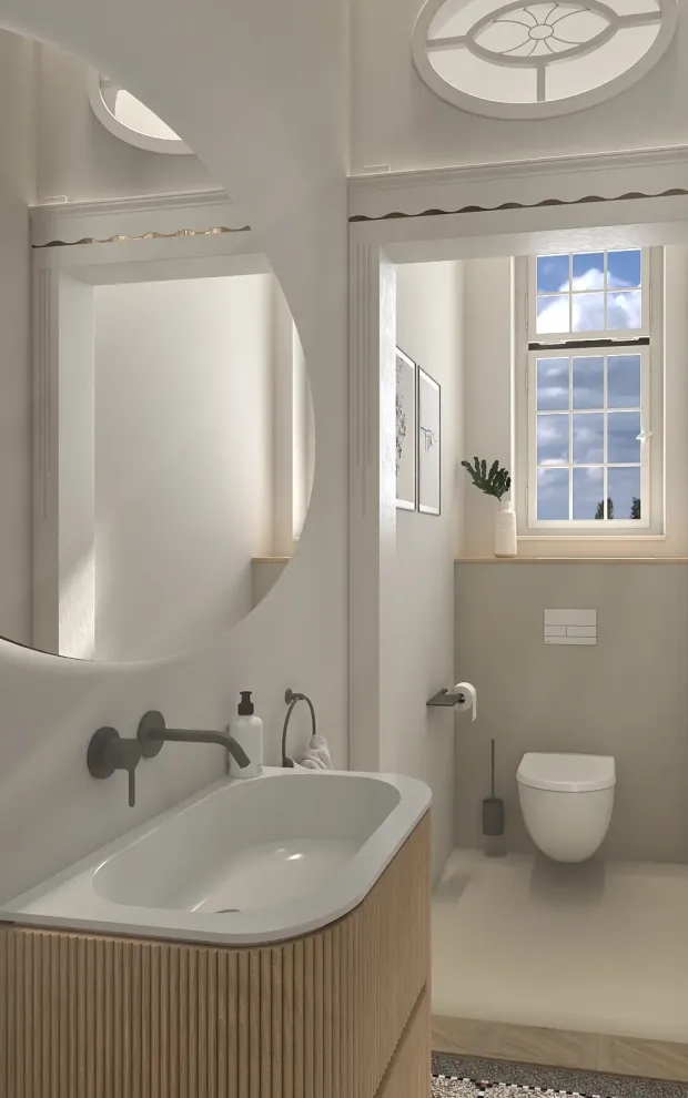 Badezimmer-Modernisierung einer Altbau-Villa in Heidelberg: Puristische Innenarchitektur von Matthias Knab; schwebender Holz-Waschtisch im Kontrast zu großformatigen Fliesen; optimierte Raumnutzung.